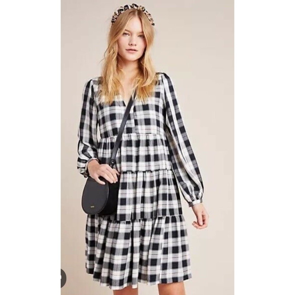 MAEVE Amber Black Plaid Tiered Dress S Anthropologie